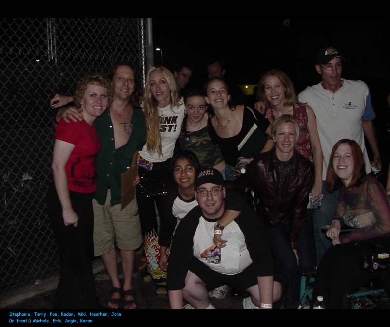 Hanging out in the backstage parking lot, Stephanie, Terry, Poe, Radon, Miki, Heather, John, (in front) Michele, Erik, Angie, Karen